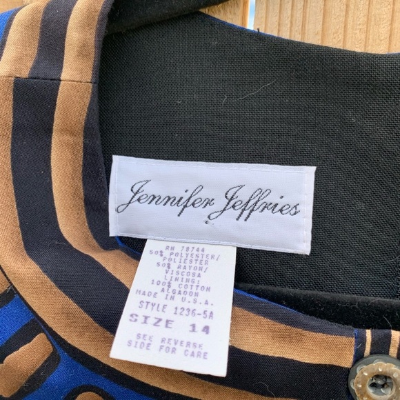 Vintage 80s‎ Jennifer Jeffries Women 14 A-Line Short Sleeve Dress Black Blue - Picture 5 of 8